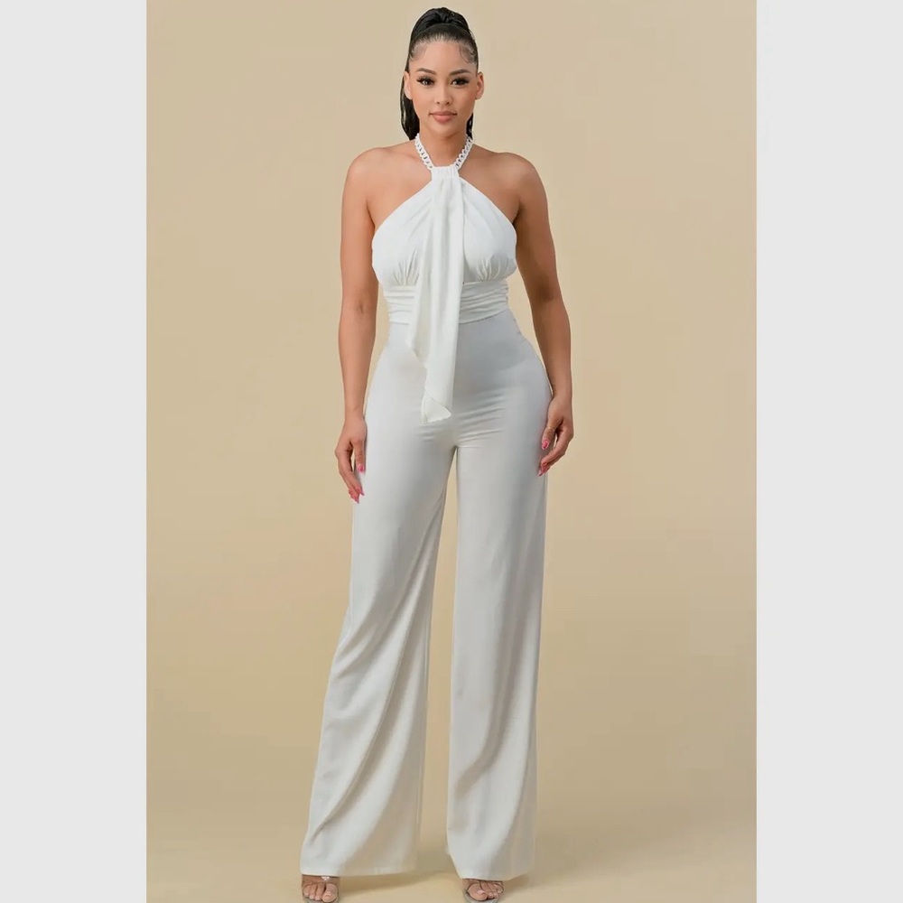 Halterneck Ribbon Detail Chain Trim Jumpsuit